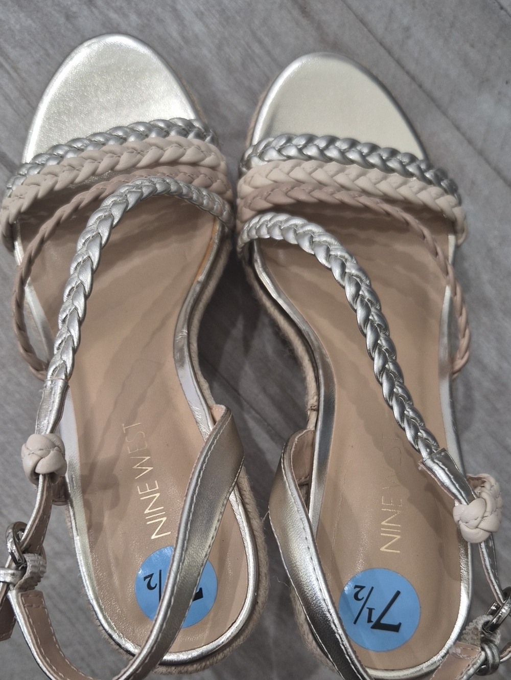 Nine West Metallic Silver and Beige Braided Strap Sandals